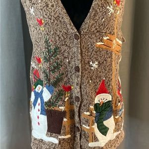 Bobbie Brooks Women's Medium Christmas Sweater Vest Brown Snowmen Red Birds